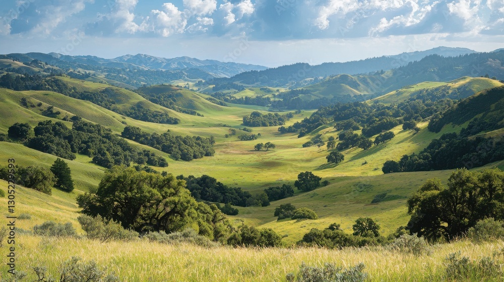 Fototapeta premium Serene landscape of rolling green hills and valleys under a partly cloudy sky. Lush greenery and distant mountains create a picturesque view.