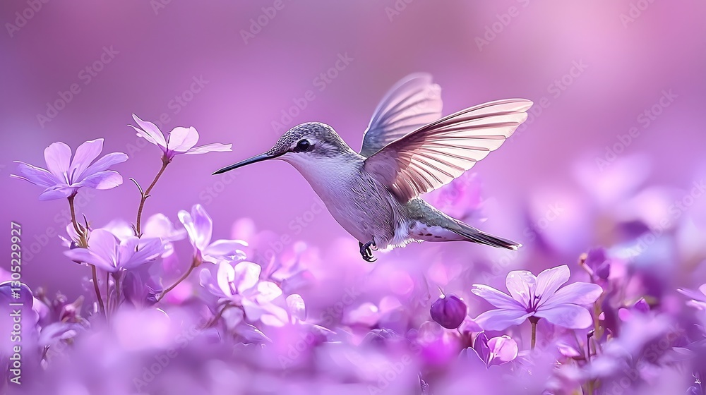 Naklejka premium Hummingbird in Flight Among Purple Flowers