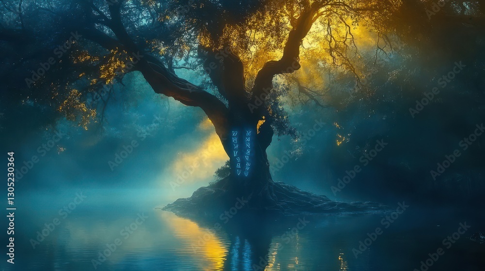 Sacred tree backdrop with glowing runes golden light and fog in mystical forest Sacred tree backdrop with glowing runes golden light and fog in mystical forest