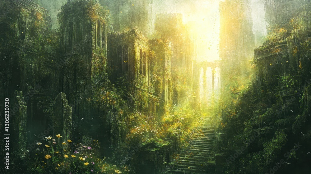 Fototapeta premium Ethereal ruined city backdrop with moss-covered rooftops wildflowers and golden beams