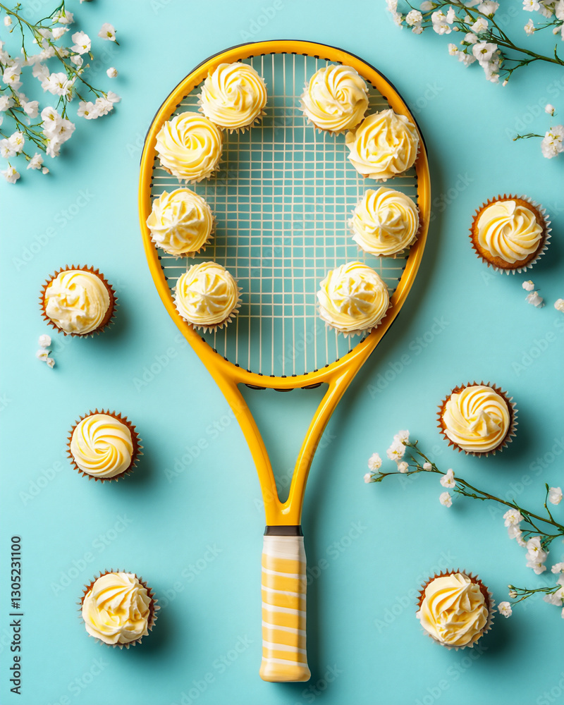 a tennis racket with yellow balls and cupcakes on the edge, a tennis racket with yellow balls and cupcakes on the edge,