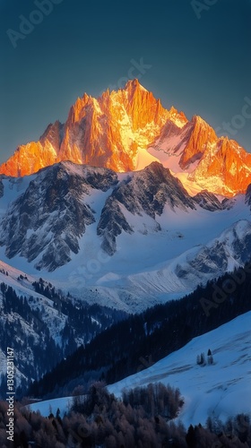 Majestic Mountain Range Illuminated by Golden Sunrise Over Snow-Covered Peaks...