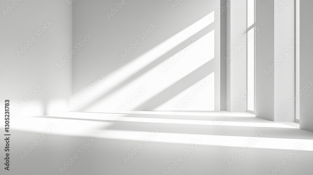 Fototapeta premium Bright and Minimalist Interior Space with Soft Natural Light Creating Interesting Shadows and Patterns on a Clean White Floor and Walls