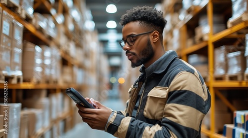 Young Man Checking Inventory Inside a Warehouse With Shelves Stocked With Boxes