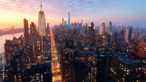 View of a Vibrant City Skyline Illuminated at Dusk Over a River