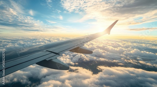 Aerial View of an Airplane Wing Against a Dramatic Sunset Sky, Showcasing Bright Sunlight Filtering Through Whimsical Cloud Formations, Perfect for Travel and Adventure Themes