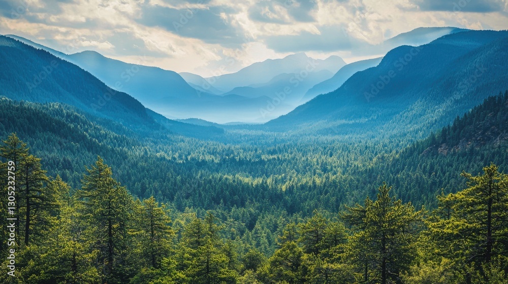 Obraz premium Vast mountain range covered in lush green forest under a partly cloudy sky. The scene is serene and peaceful, with layers of mountains fading into the distance.