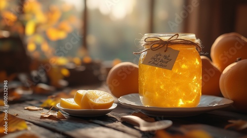 A jar of golden quince marmalade, decorated with a rustic twine bow.
