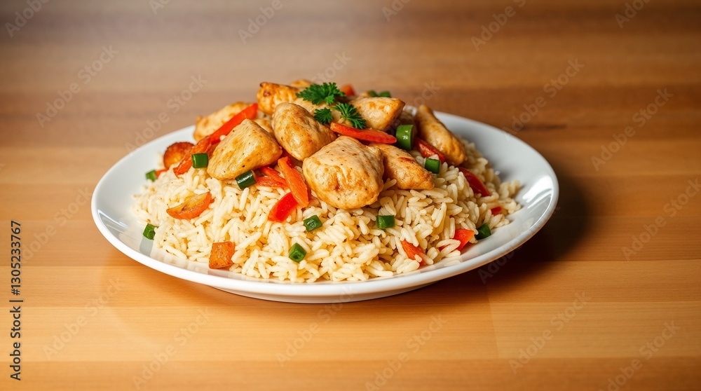 Chicken Rice with Vegetables on a White Plate on a Light Wooden Background Chicken Rice with Vegetables on a White Plate on a Light Wooden Background