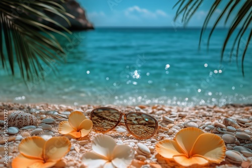Relaxing Tropical Beach Setting With Sunglasses and Flowers Near Clear Turquo...