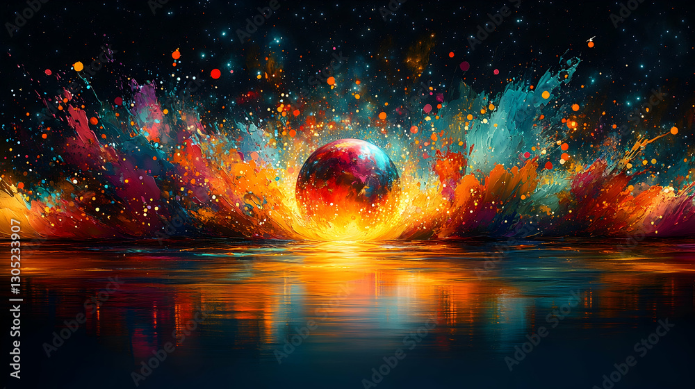 Fototapeta premium Colorful planet sunrise over water, starburst
