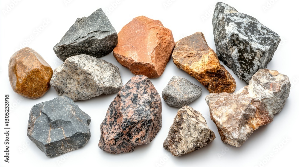 Assorted Collection of Natural Rocks and Stones Displayed on White Background for Textures, Geological Studies, and Art Projects in Various Colors and Shapes