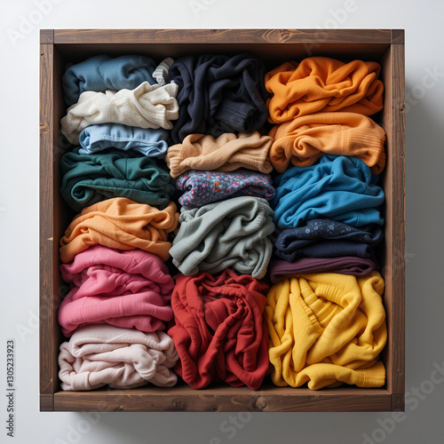 a wooden box with many different colored clothes