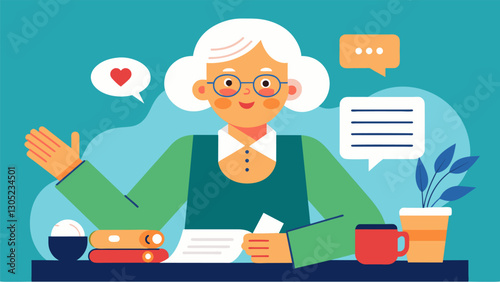The editorinchief a wise and experienced elderly woman offers words of encouragement and support to the writers as she works tirelessly to bring their stories to life.. Vector illustration