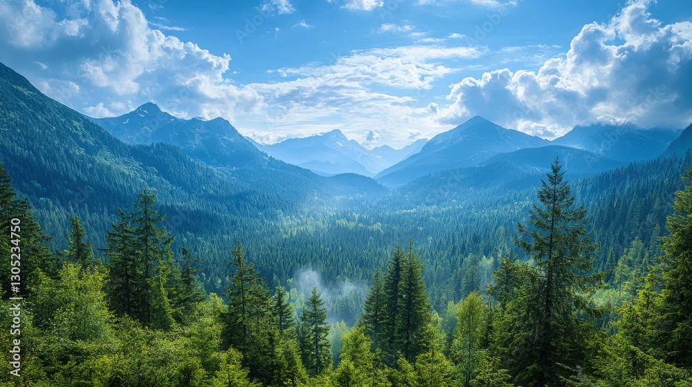 Fototapeta premium Majestic mountain range shrouded in a soft blue haze, a breathtaking panorama of evergreen forests and dramatic peaks under a vibrant sky.