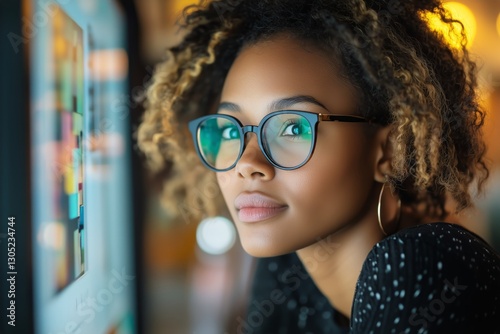 Young Woman With Glasses Gazes Thoughtfully at a Computer Screen in a Cozy Ca...