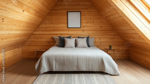 A cozy wooden bedroom featuring a double bed with decorative pillows, a minimalist design, and natural light streaming through the angled roof.