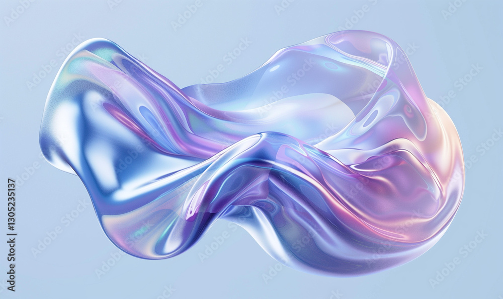 Naklejka premium Futuristic Abstract Fluid Shape with Iridescent Glass Texture – 3D Render, Wavy, and Glossy Organic Form in Soft Pastel Colors on a Light Background