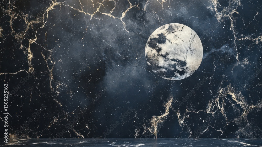 Obraz premium Cosmic cracked marble backdrop with inked fractures and silver shimmering tones