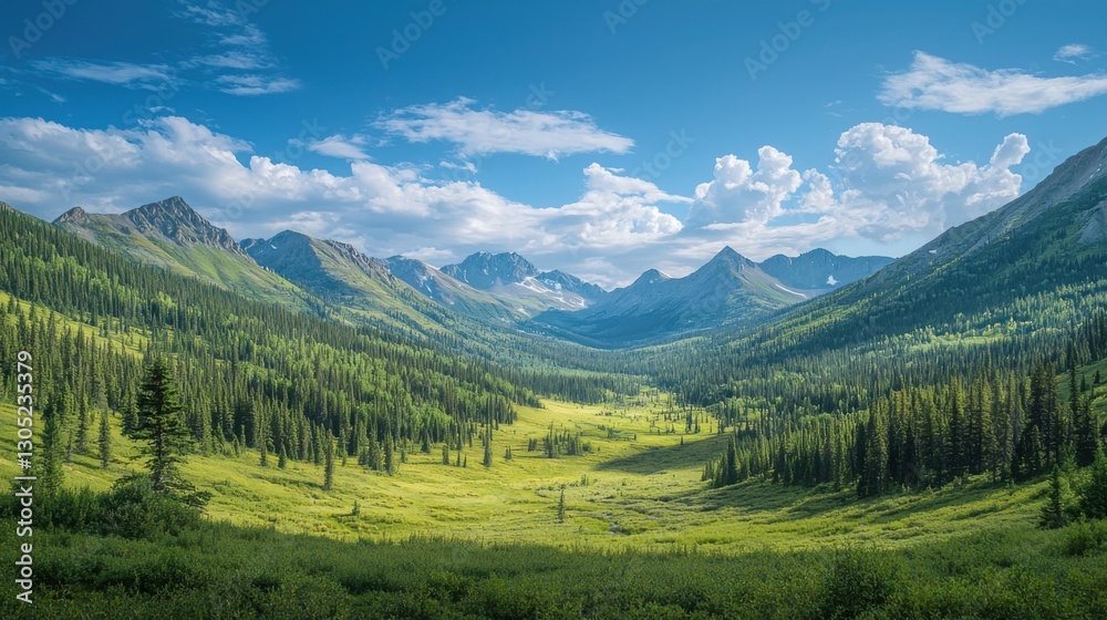 Fototapeta premium Majestic mountain valley bathed in sunlight. Lush green meadows and evergreen forests stretch towards towering peaks under a vibrant blue sky. A serene and breathtaking landscape.