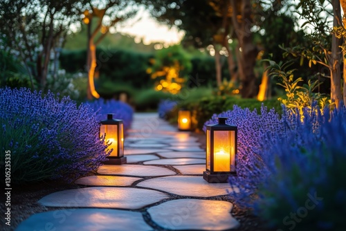 Warm Glow of Lanterns Illuminating Garden Path During Evening Stroll