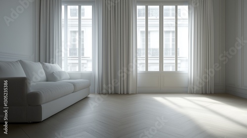 Minimalist bright living room with white sofa, large windows, and flowing curtains. Modern interior design and tranquility.