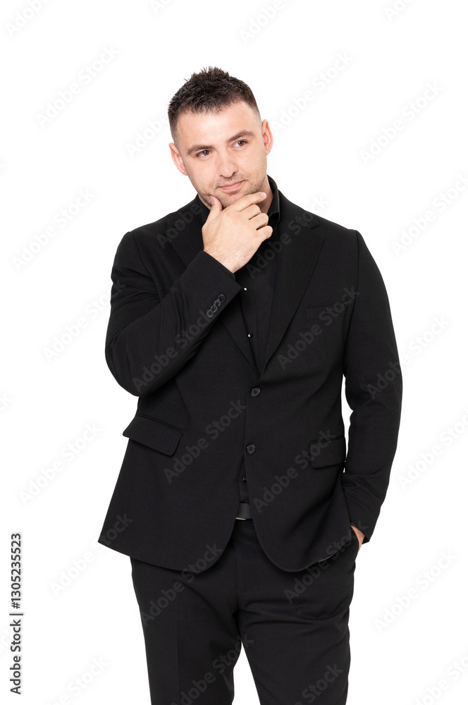 A handsome dark-haired man wearing a business suit, a black shirt on a white background A handsome dark-haired man wearing a business suit, a black shirt on a white background