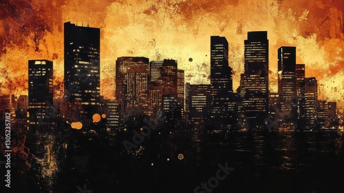 Wallpaper of urban noir city at dusk with inked skyline and sepia gradients melting into fog