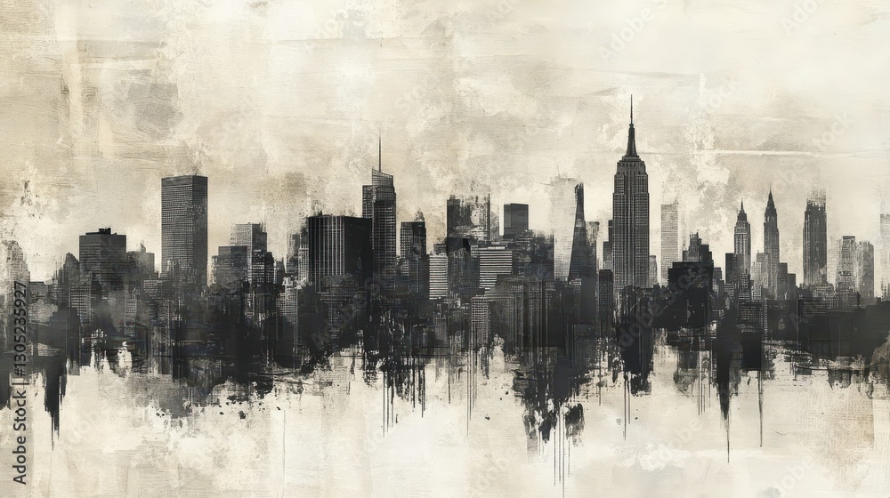 Obraz premium Wallpaper of a faded city skyline with vintage print imperfections and ink bleeds
