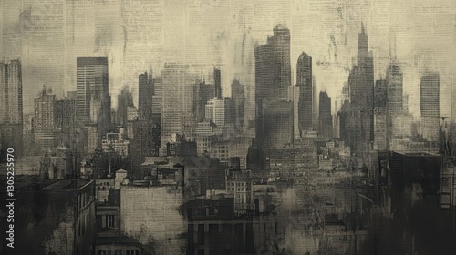 Backdrop with an old newspaper cityscape ink-smudged rooftops and misprinted details