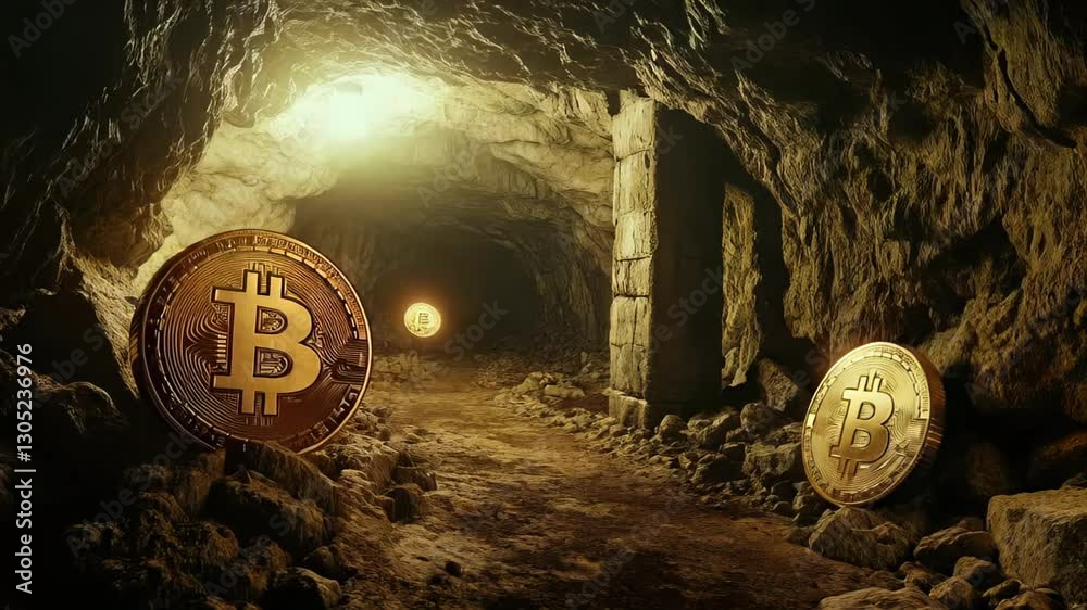 Digital bitcoin coins drifting through shadowy underground mining cave symbolizing mysterious potential cryptocurrency technology and financial innovation Concept of blockchain and crypto currencies