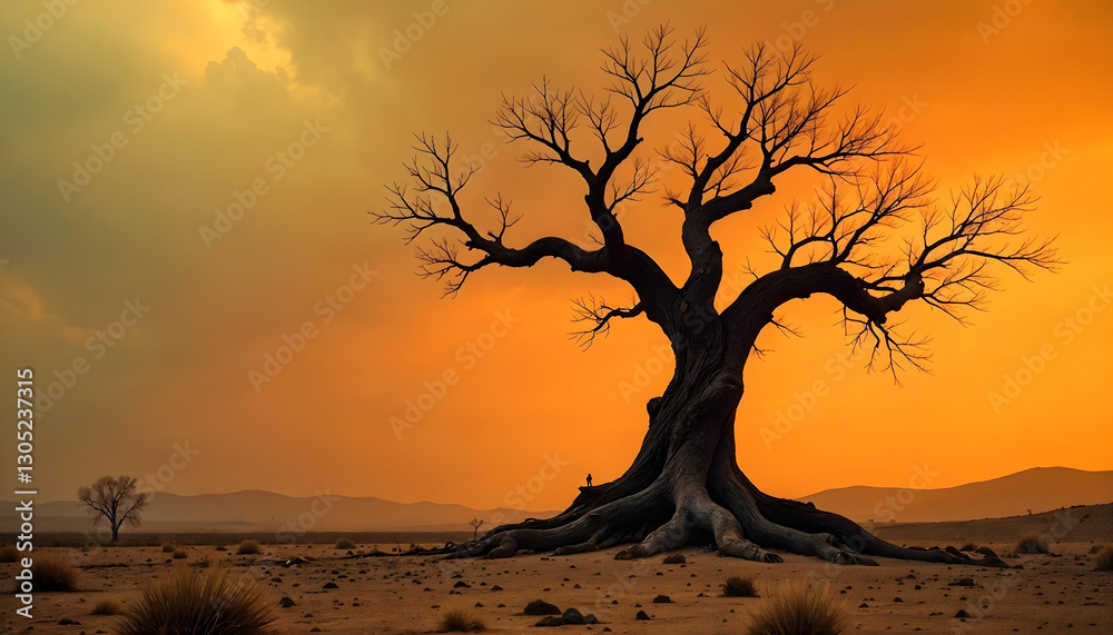 Large leafless tree with thick roots dominates desert landscape with golden sky and distant mountains. Large leafless tree with thick roots dominates desert landscape with golden sky and distant mountains.