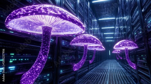 Luminous Purple Mushrooms in a Futuristic Digital Corridor