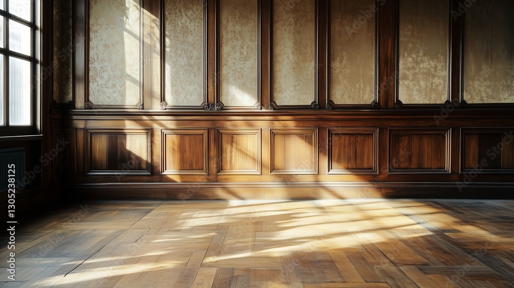 Fototapeta premium Old building with wooden parquet floor, wooden wainscoting panels and wallpaper.