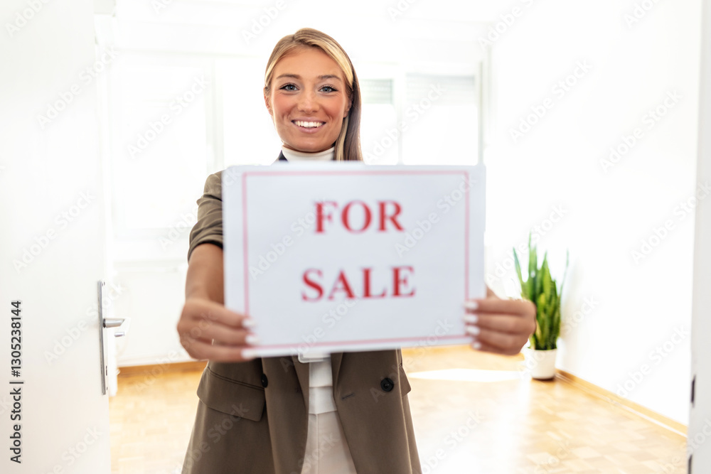 Real estate agent holding a FOR SALE sign in front of a house. Happy Real Estate Agent woman showing home for sale sign.