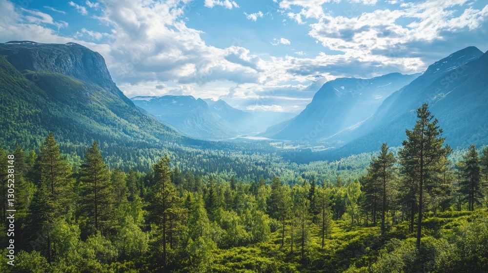 Obraz premium Majestic mountain range viewed from a lush green forest. Sunlight streams through the valley, creating a serene and peaceful atmosphere.