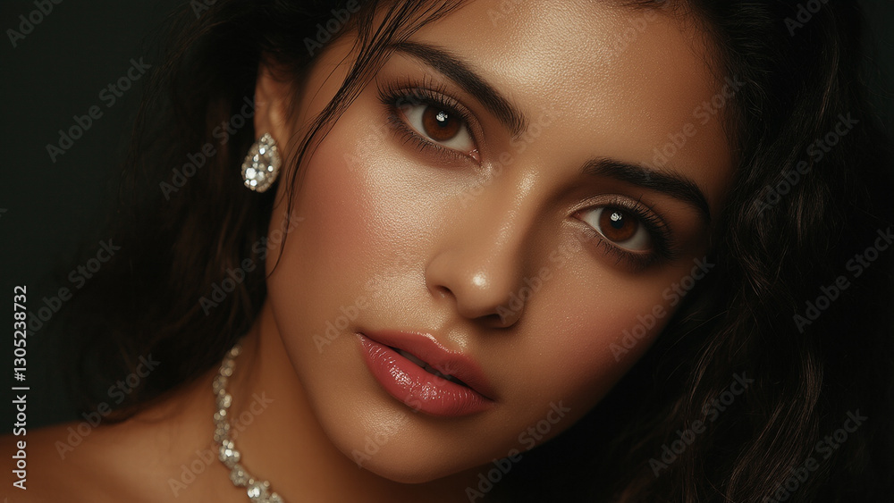 Woman with captivating gaze and elegant jewelry showcases beauty in a close-up portrait Woman with captivating gaze and elegant jewelry showcases beauty in a close-up portrait