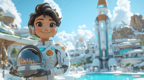 Smiling Cartoon Character In Spacesuit Holds Helmet, Futuristic City Background photo