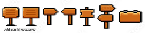 Pixelated wooden signpost icons, Pixel art wooden signs, arrows, and boards, Wood direction signs, set of wooden pixel signs, 8 bit, wooden board, game development, shadow.