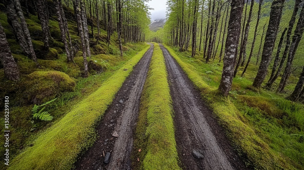 Obraz premium Lush Green Forest Path With Moss And Birch Trees