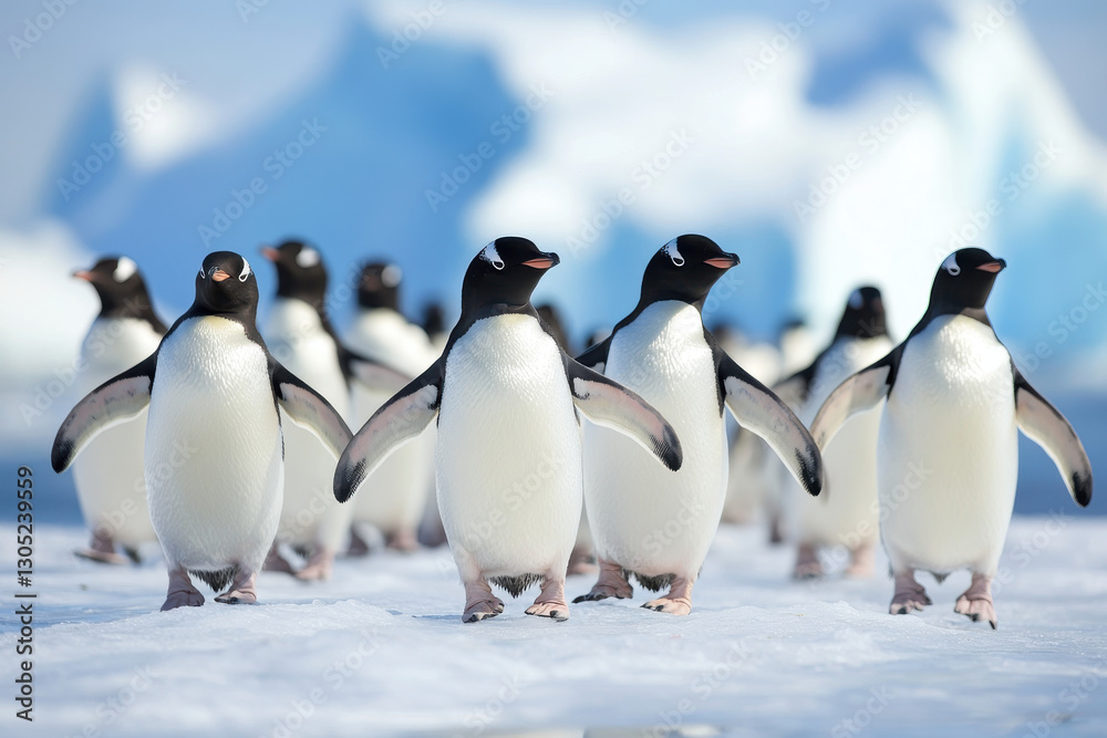 Obraz premium A group of penguins waddling on a snowy, icy landscape