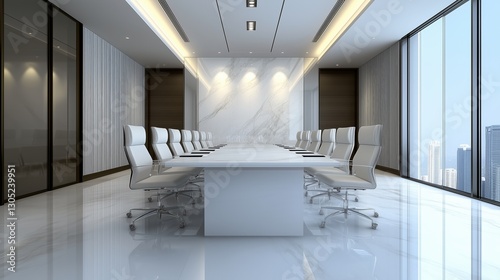 Plakat Modern conference room with white luxury chairs and marble interior, high-rise windows offering panoramic cityscape. Corporate business setting