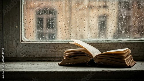 Open book on wooden windowsill with raindrops on glass