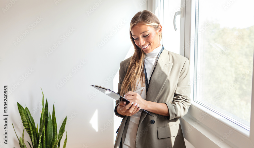 Φωτογραφία Portrait, checklist and business woman in office happy, smile and confident with positive mindset