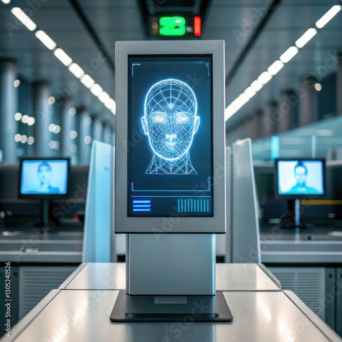 A digital display shows a facial recognition scan in a modern, high-tech environment featuring multiple monitors.