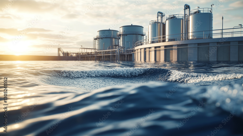 Obraz premium Innovative water desalination plant by the ocean harnessing natural lighting for sustainable solutions at sunset