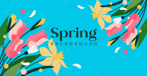 Spring background frame with tulips, daffodils, snowdrops in vector, flat style.
