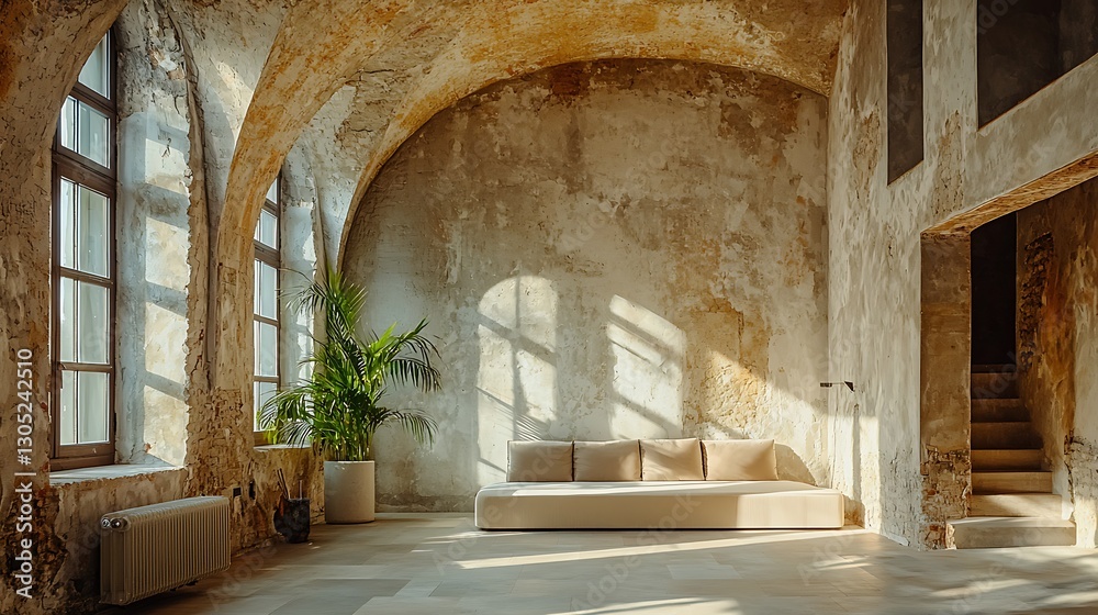 Fototapeta premium Interior shot of large room with arched ceiling, window light, and couch