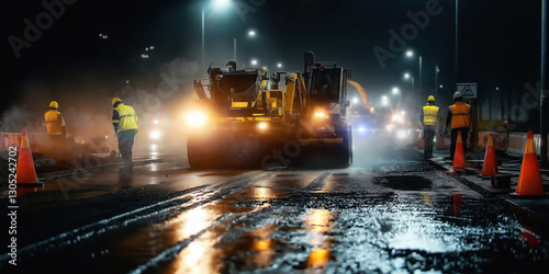 Night road construction with heavy machinery, workers in safety gear. Asphalt paving, road repair under artificial lighting. Infrastructure development, urban maintenance, transportation engineering