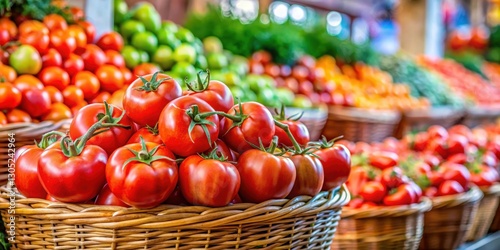 Fresh whole tomatoes arranged in a basket at a vibrant market stall , fresh produce, market,  fresh produce, market, organic